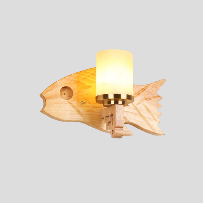 Lisslune | Cylinder Wall Mount Light Modernist Broken Glass 1 Light Bedroom Wall Lamp with Fish Wooden Back Plate