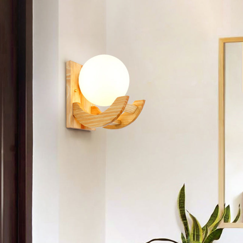 Lisslune | Curved Arm Wooden Wall Lamp Modern 1 Bulb Beige Wall Mount Lamp with Orb White Glass Shade