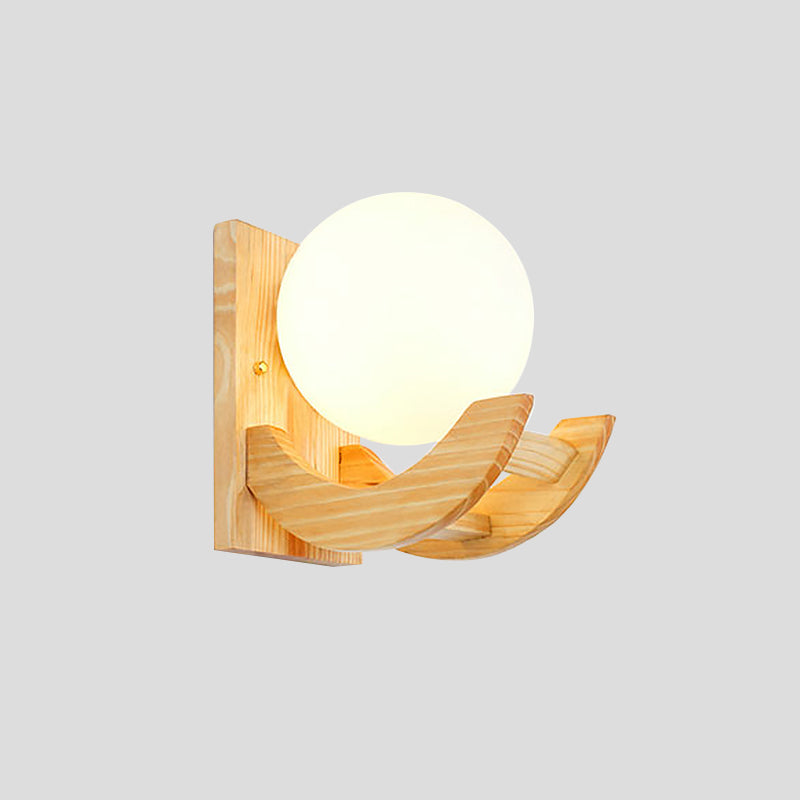Lisslune | Curved Arm Wooden Wall Lamp Modern 1 Bulb Beige Wall Mount Lamp with Orb White Glass Shade