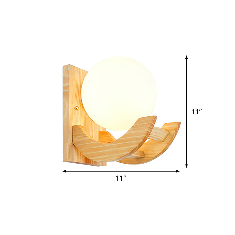 Lisslune | Curved Arm Wooden Wall Lamp Modern 1 Bulb Beige Wall Mount Lamp with Orb White Glass Shade