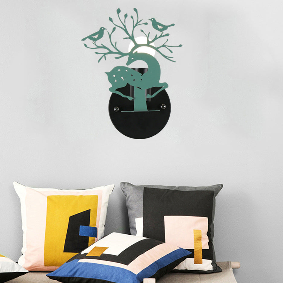 Skørter | Sika Deer Kindergarten Wall Lamp with Branch & Bird Metal 1 Light Animal Lamp