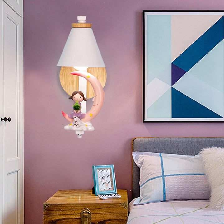 Skørter | Child & Moon Wall Lamp with Coolie Shade 1 Light Cartoon Resin Wall Lamp for the Nursery