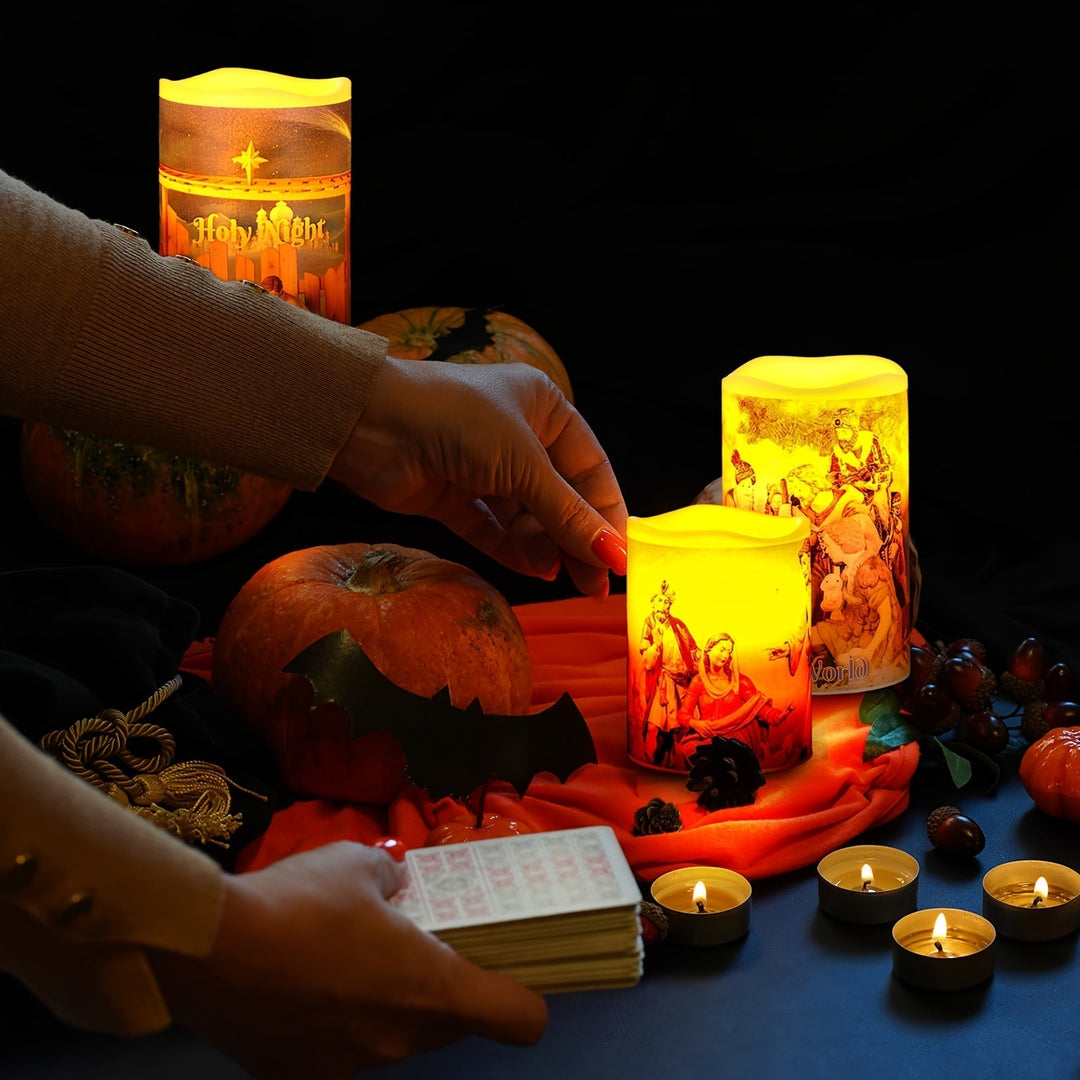 Lisslune | Flameless LED Christmas Candles – 3pcs Battery-Powered Holy Night Lights Candle with Timer Featuring Nativity Scene for Warm Holiday Home Ambience