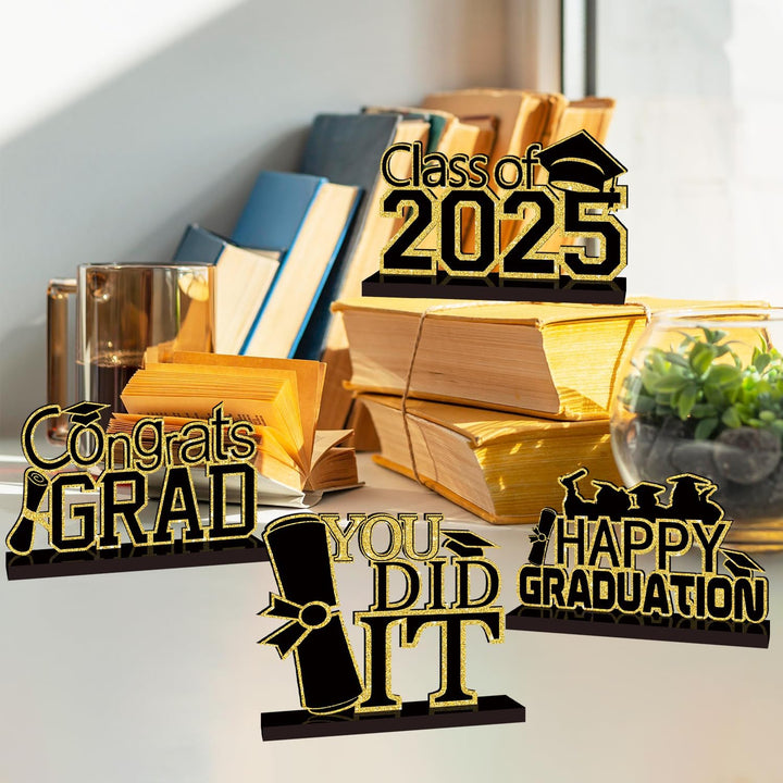 4 Piece Black and Gold Graduation Decorations Class of 2025 Congratulations Graduate Wood Table Centerpieces Graduate Table Decor Congratulations Tiered Shelf Decor for 2025 Graduation Decorations