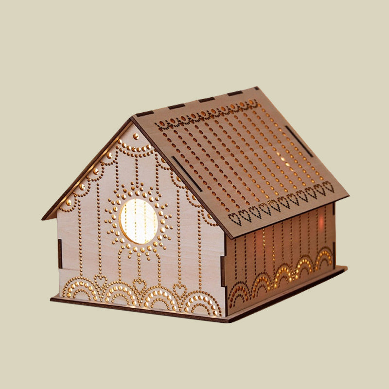 Skørter | Kids Cottage Mini Night Light Wood Bedroom LED Table Lamp in Brown with Sculpted Flower/Star/Love Heart Design