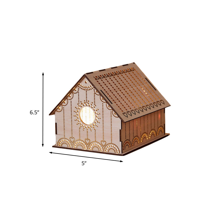Skørter | Kids Cottage Mini Night Light Wood Bedroom LED Table Lamp in Brown with Sculpted Flower/Star/Love Heart Design