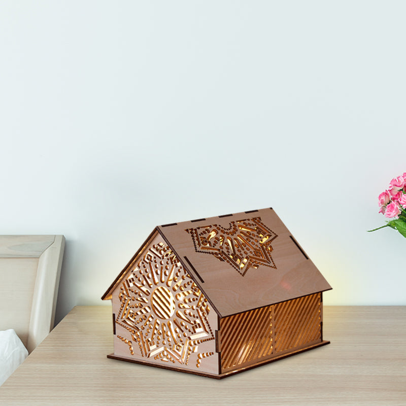 Skørter | Kids Cottage Mini Night Light Wood Bedroom LED Table Lamp in Brown with Sculpted Flower/Star/Love Heart Design