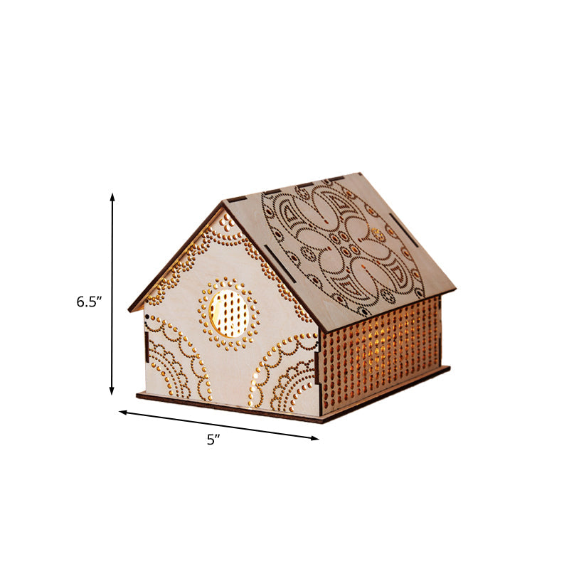 Skørter | Kids Cottage Mini Night Light Wood Bedroom LED Table Lamp in Brown with Sculpted Flower/Star/Love Heart Design