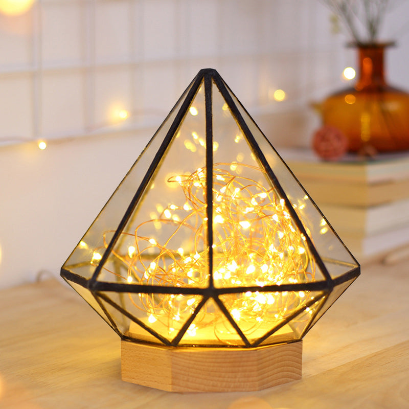 Skørter | Children's Diamond Night Lamp Transparent Glass Bedroom LED Table Lighting in Wood with Cartoon Process and Glow Cord Inside