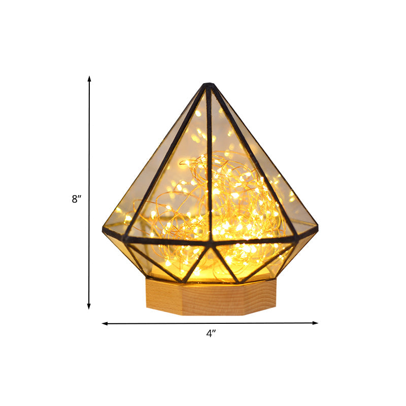 Skørter | Children's Diamond Night Lamp Transparent Glass Bedroom LED Table Lighting in Wood with Cartoon Process and Glow Cord Inside