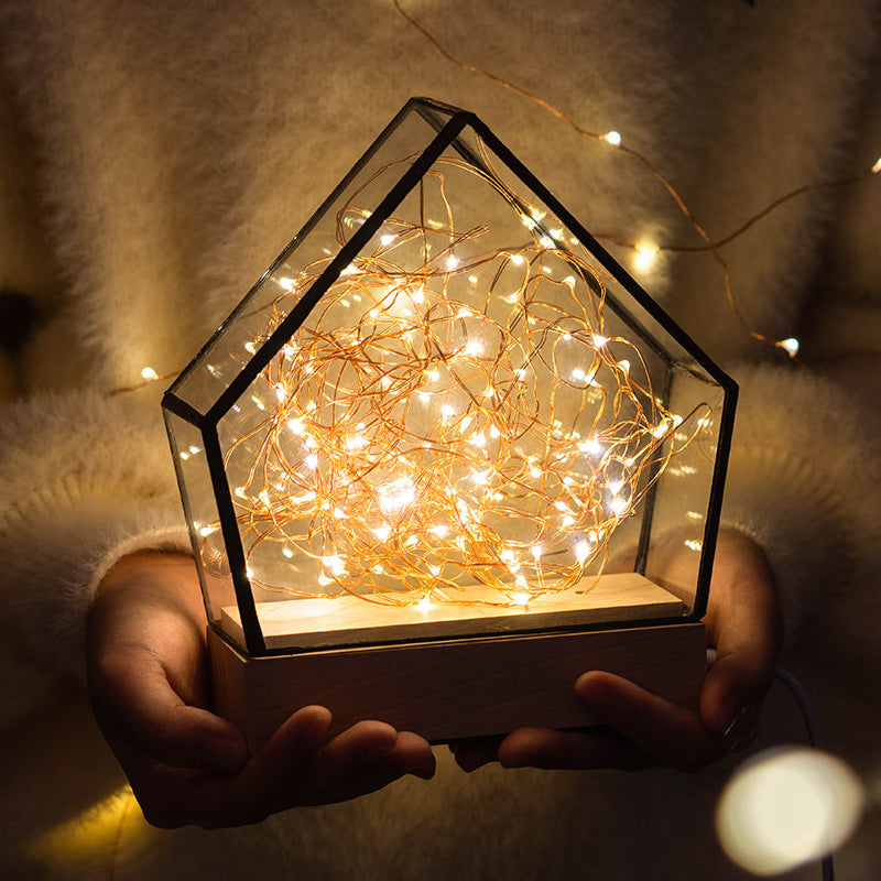 Skørter | Glass Mini House Nightstand Lamp Kids Wood Integrated LED Table Lamp with Inner Bear and Cord Decoration