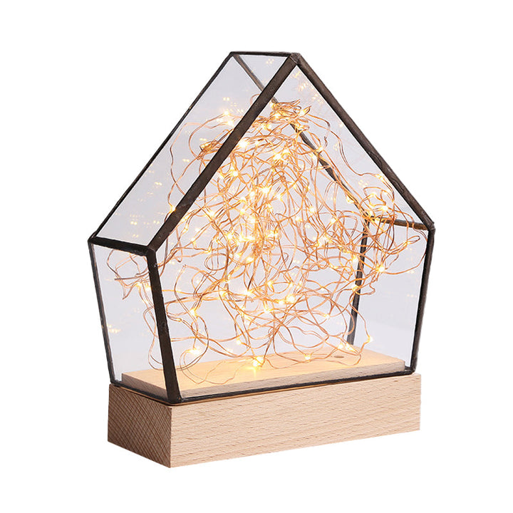 Skørter | Glass Mini House Nightstand Lamp Kids Wood Integrated LED Table Lamp with Inner Bear and Cord Decoration