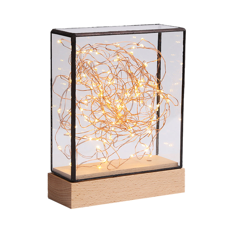 Skørter | Kids Squared Clear Glass Night Lamp USB Rechargeable LED Table Lighting in Wood with Interior Pink Bear and Cord