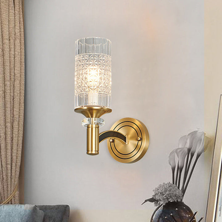 Lisslune | 1/2-Head Grid Crystal Wall Light Retro Brass Cylindrical Living Room Wall Lamp Lighting
