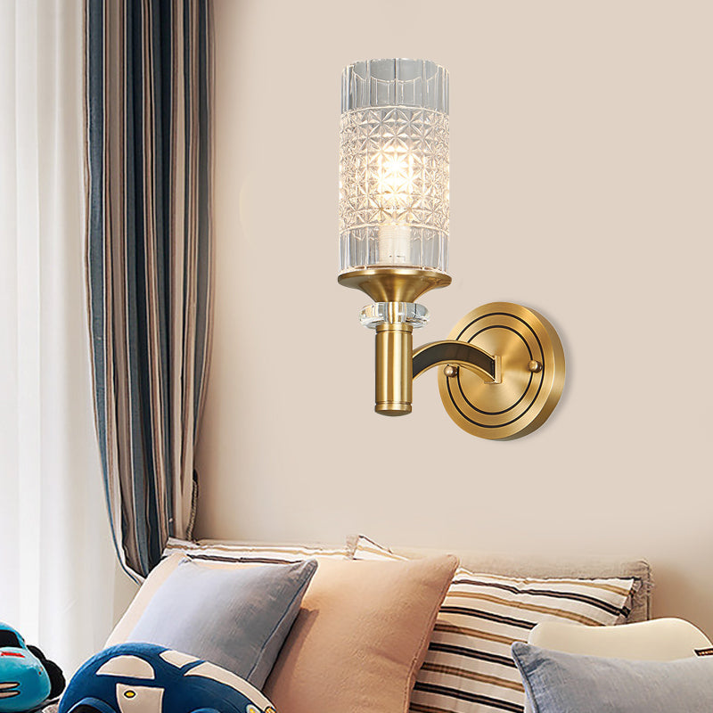 Lisslune | 1/2-Head Grid Crystal Wall Light Retro Brass Cylindrical Living Room Wall Lamp Lighting