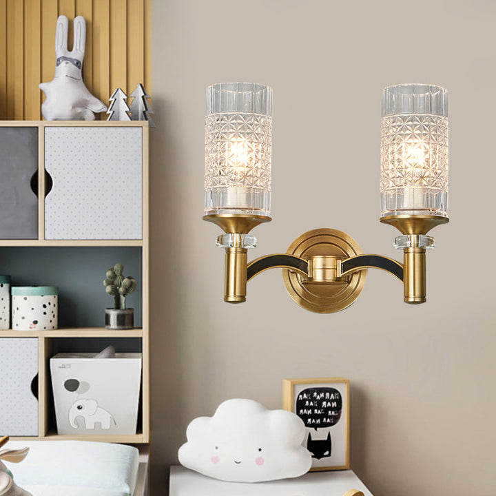 Lisslune | 1/2-Head Grid Crystal Wall Light Retro Brass Cylindrical Living Room Wall Lamp Lighting