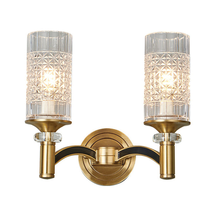 Lisslune | 1/2-Head Grid Crystal Wall Light Retro Brass Cylindrical Living Room Wall Lamp Lighting