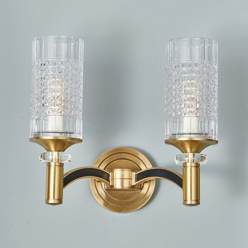 Lisslune | 1/2-Head Grid Crystal Wall Light Retro Brass Cylindrical Living Room Wall Lamp Lighting