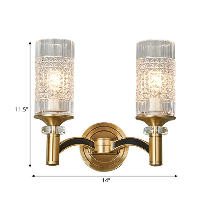 Lisslune | 1/2-Head Grid Crystal Wall Light Retro Brass Cylindrical Living Room Wall Lamp Lighting