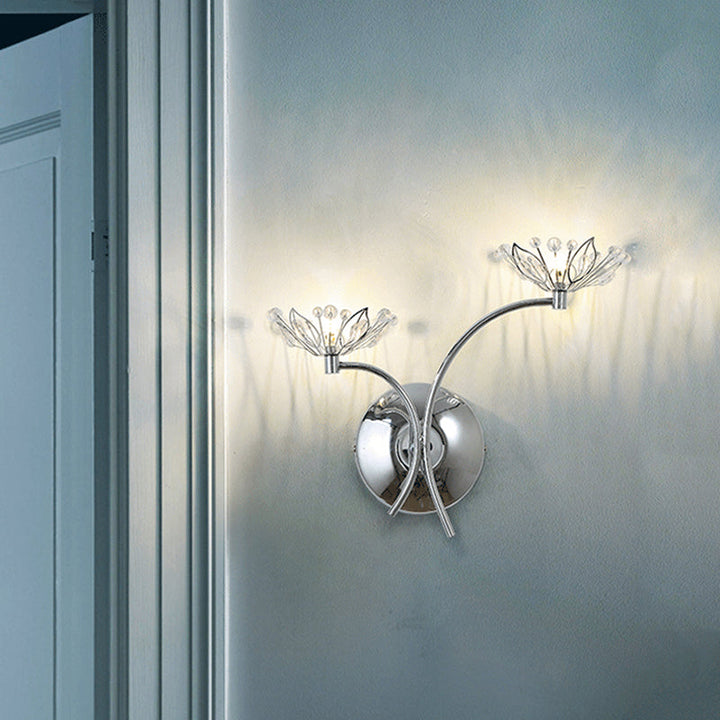 Lisslune | Chrome Flower Wall Lamp Modern Iron 2 Bulb Nightstand Wall Light with Crystal Stamp
