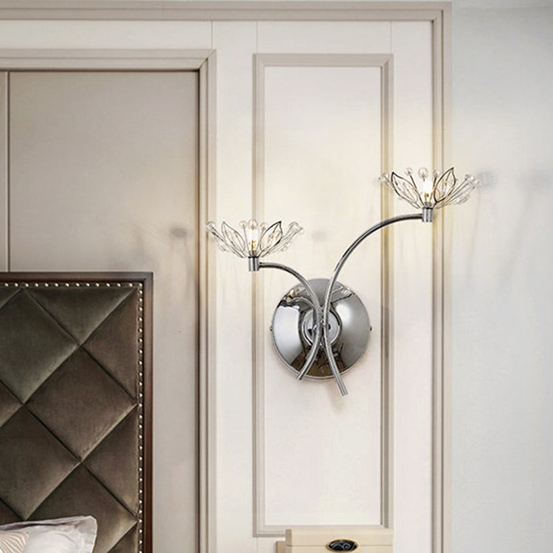 Lisslune | Chrome Flower Wall Lamp Modern Iron 2 Bulb Nightstand Wall Light with Crystal Stamp