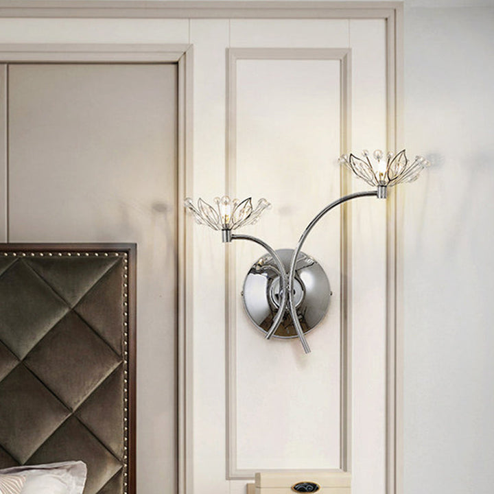 Lisslune | Chrome Flower Wall Lamp Modern Iron 2 Bulb Nightstand Wall Light with Crystal Stamp
