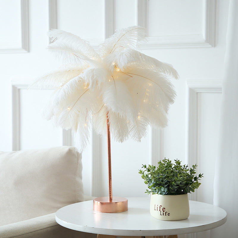 Skørter | Pink/White Palm Tree Nightstand Lamp Modern Stylish Feather Battery-Powered LED Table Lamp with Rechargeable USB Port