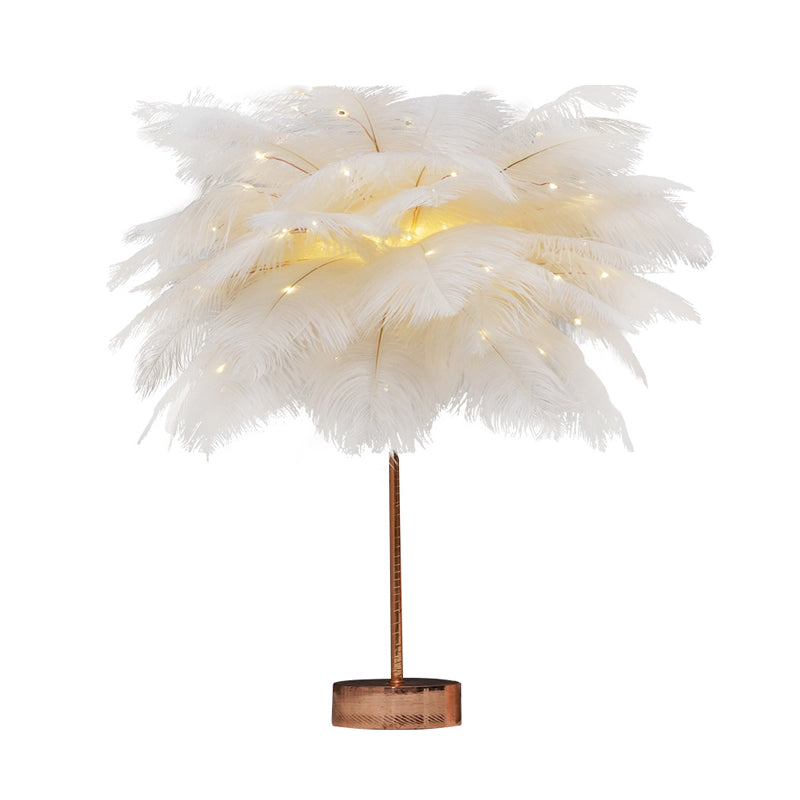Skørter | Pink/White Palm Tree Nightstand Lamp Modern Stylish Feather Battery-Powered LED Table Lamp with Rechargeable USB Port
