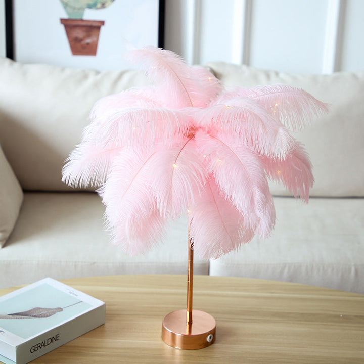 Skørter | Pink/White Palm Tree Nightstand Lamp Modern Stylish Feather Battery-Powered LED Table Lamp with Rechargeable USB Port