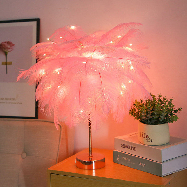 Skørter | Pink/White Palm Tree Nightstand Lamp Modern Stylish Feather Battery-Powered LED Table Lamp with Rechargeable USB Port