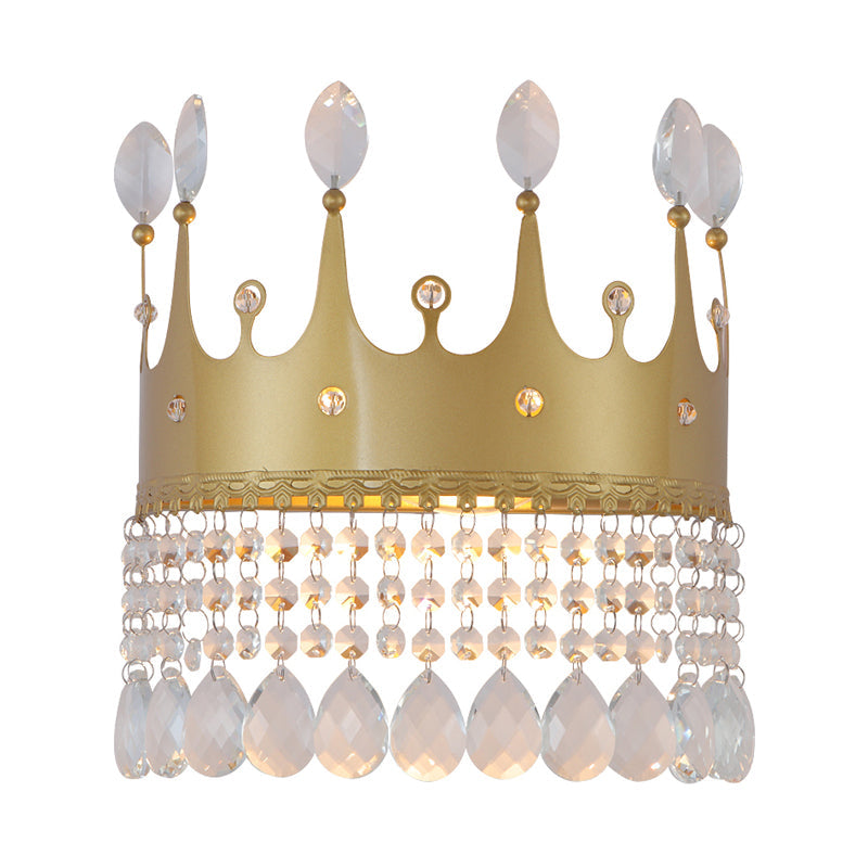 Lisslune | Contemporary Crown Wall Light Wall Lamp 2 Bulbs Metallic Wall Mounted Lamp Fixture in Gold with Crystal Drops