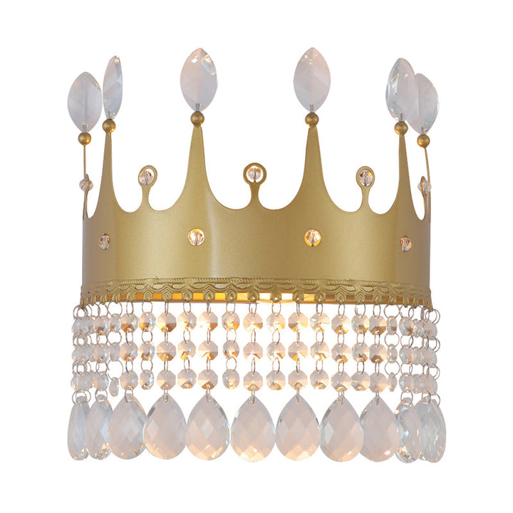 Lisslune | Contemporary Crown Wall Light Wall Lamp 2 Bulbs Metallic Wall Mounted Lamp Fixture in Gold with Crystal Drops