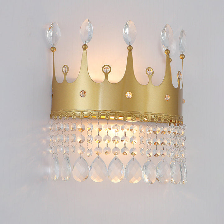 Lisslune | Contemporary Crown Wall Light Wall Lamp 2 Bulbs Metallic Wall Mounted Lamp Fixture in Gold with Crystal Drops