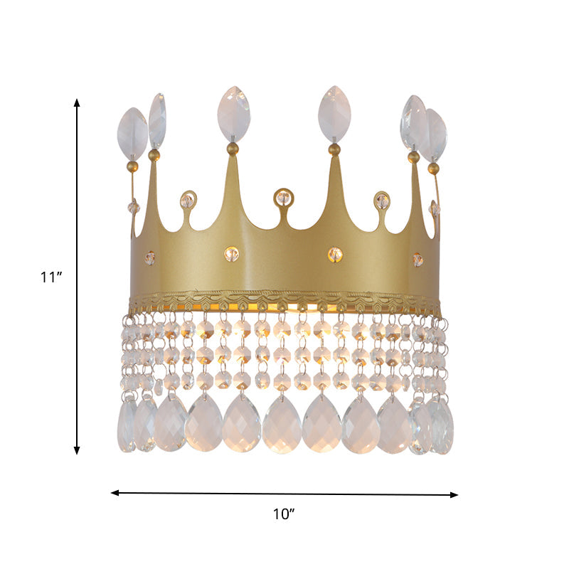 Lisslune | Contemporary Crown Wall Light Wall Lamp 2 Bulbs Metallic Wall Mounted Lamp Fixture in Gold with Crystal Drops