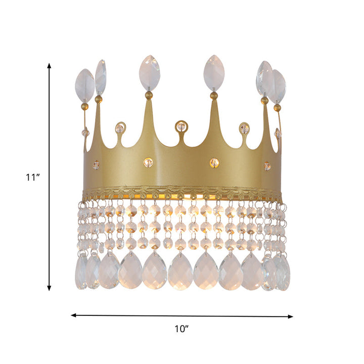 Lisslune | Contemporary Crown Wall Light Wall Lamp 2 Bulbs Metallic Wall Mounted Lamp Fixture in Gold with Crystal Drops