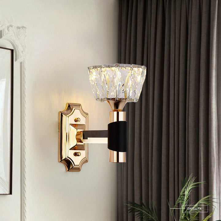 Lisslune | 1/2-Light Bowl Wall Lamp Minimalist Black and Gold Crystal Block Wall Lamp