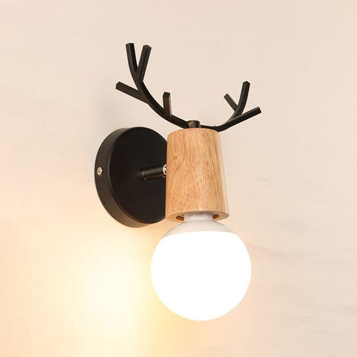 Lisslune | 1 Light Bare Bulb Wall Lamp Modern Style Black/White Finish Metal and Wood Wall Lighting with Deer Side