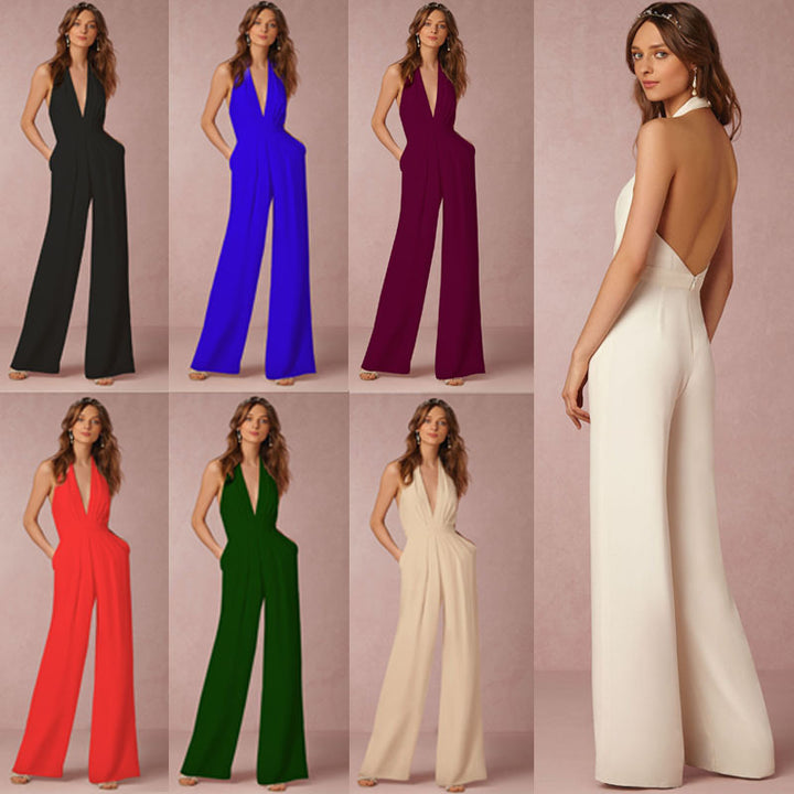 Ladies elegant jumpsuit with deep V-neckline and wide-leg silhouette Lisslune