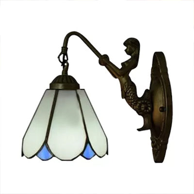 Lisslune | 1 Headcone Wall Light Tiffany White/Blue Glass Wall Light with Mermaid Backplate