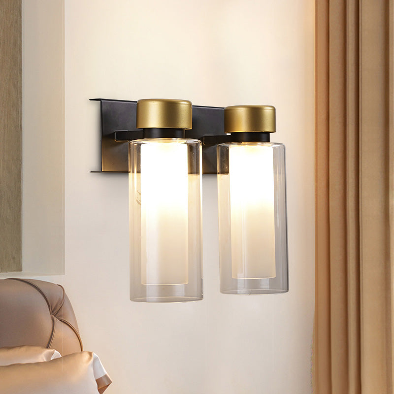 Lisslune | Brass Dual Cylinder Wall Lamp Post-Modern 2 Lamps Clear Glass LED Wall Mount Lamp