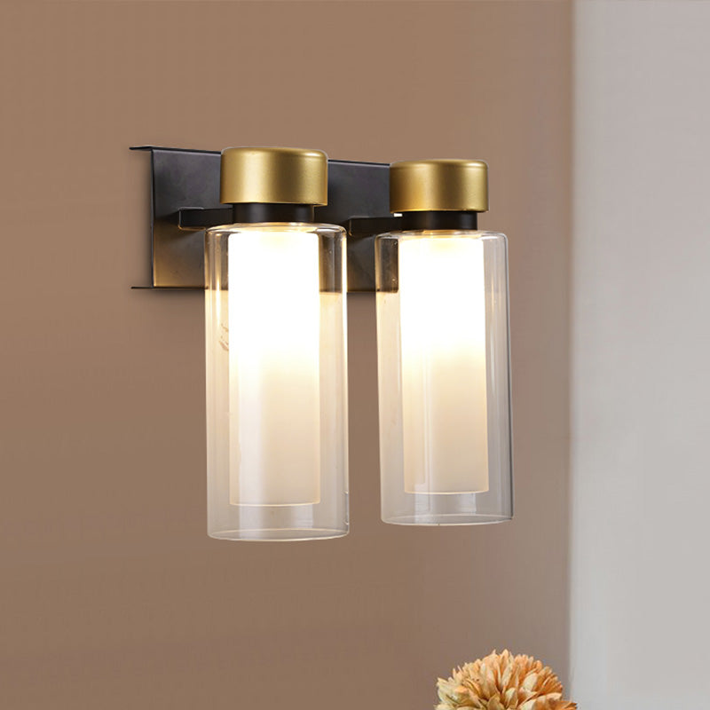 Lisslune | Brass Dual Cylinder Wall Lamp Post-Modern 2 Lamps Clear Glass LED Wall Mount Lamp