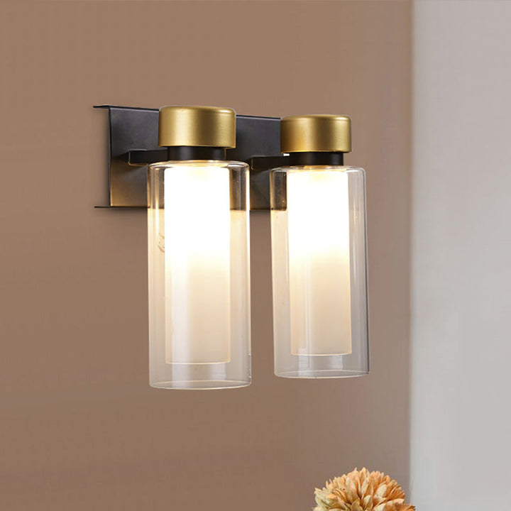 Lisslune | Brass Dual Cylinder Wall Lamp Post-Modern 2 Lamps Clear Glass LED Wall Mount Lamp