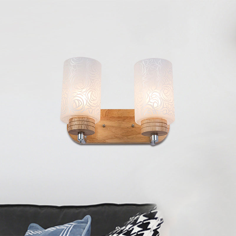 Lisslune | White Glass Cylinder Wall Light Sconces Modern 2 Heads Wood Wall Mount Lamp Holder with Rose Pattern