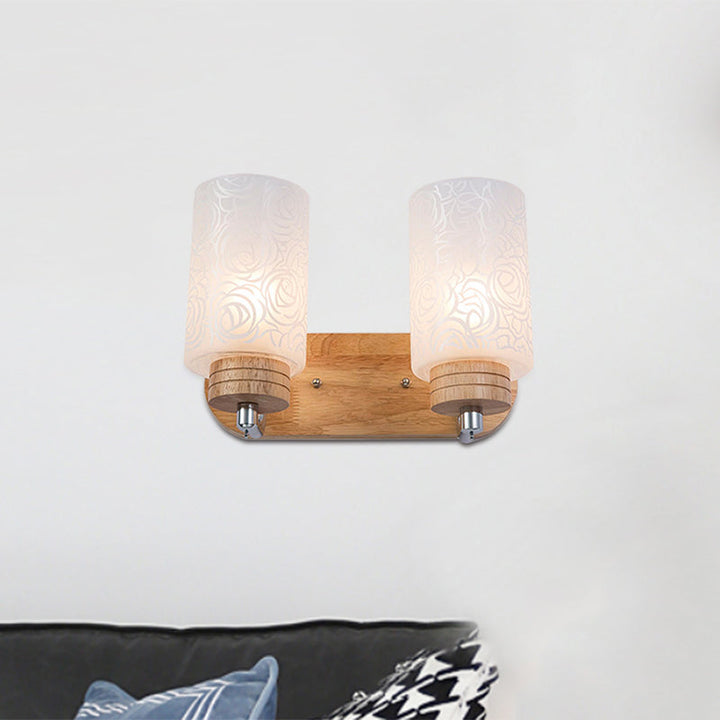Lisslune | White Glass Cylinder Wall Light Sconces Modern 2 Heads Wood Wall Mount Lamp Holder with Rose Pattern