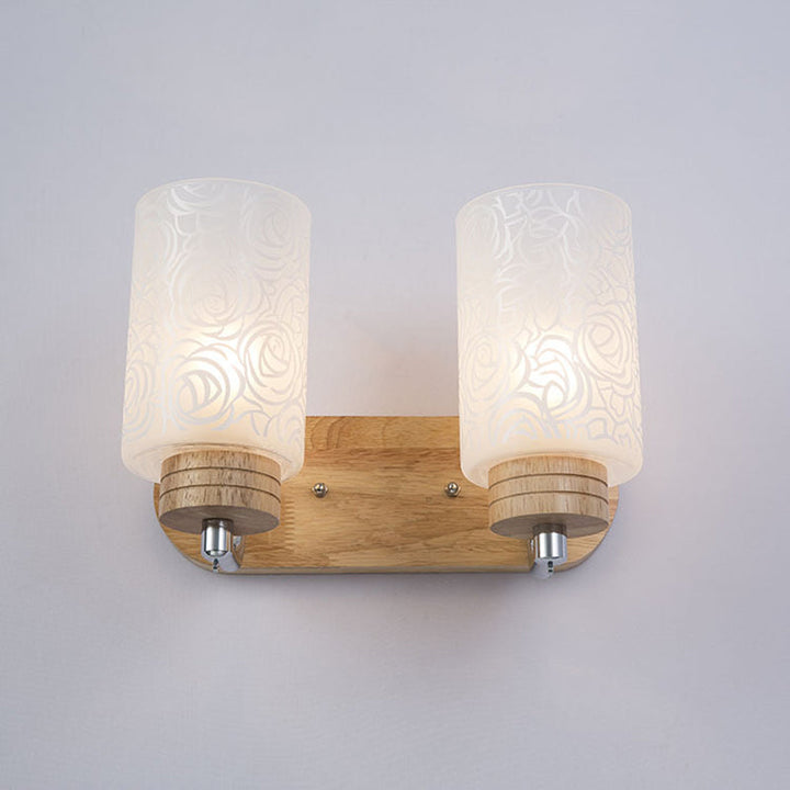 Lisslune | White Glass Cylinder Wall Light Sconces Modern 2 Heads Wood Wall Mount Lamp Holder with Rose Pattern