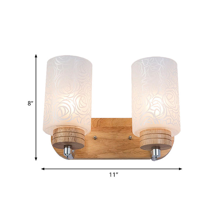 Lisslune | White Glass Cylinder Wall Light Sconces Modern 2 Heads Wood Wall Mount Lamp Holder with Rose Pattern