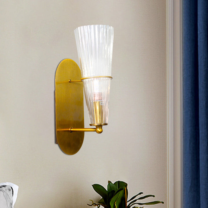 Lisslune | Post Modern 1 Bulb Wall Lamp with Clear Ribbed Glass Shade Gold Finish Cone Wall Lighting