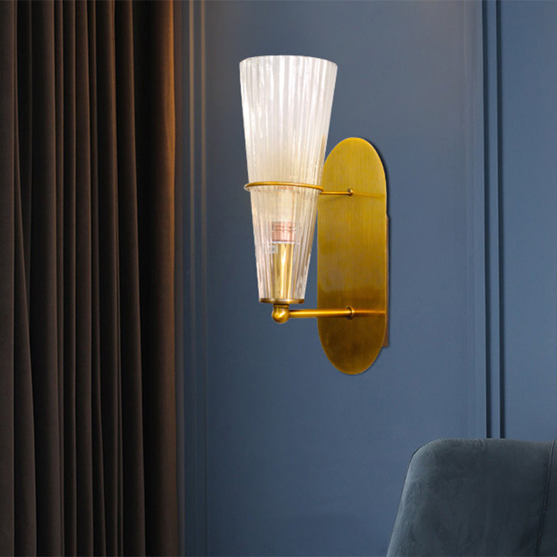 Lisslune | Post Modern 1 Bulb Wall Lamp with Clear Ribbed Glass Shade Gold Finish Cone Wall Lighting
