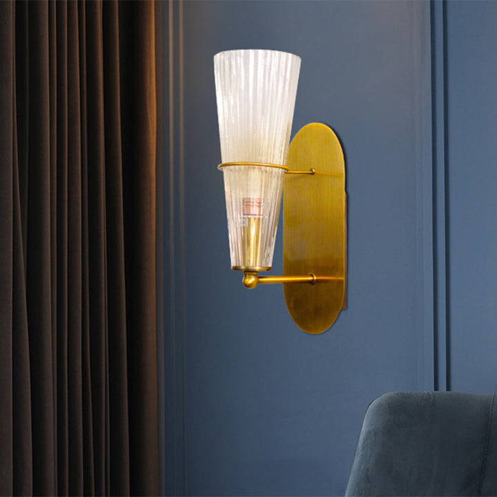 Lisslune | Post Modern 1 Bulb Wall Lamp with Clear Ribbed Glass Shade Gold Finish Cone Wall Lighting