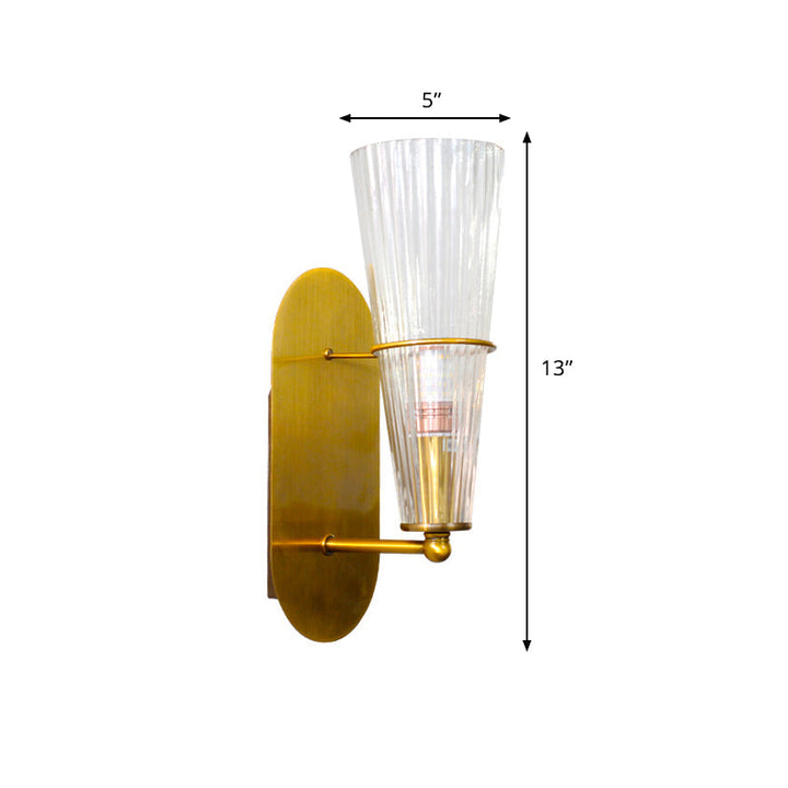 Lisslune | Post Modern 1 Bulb Wall Lamp with Clear Ribbed Glass Shade Gold Finish Cone Wall Lighting